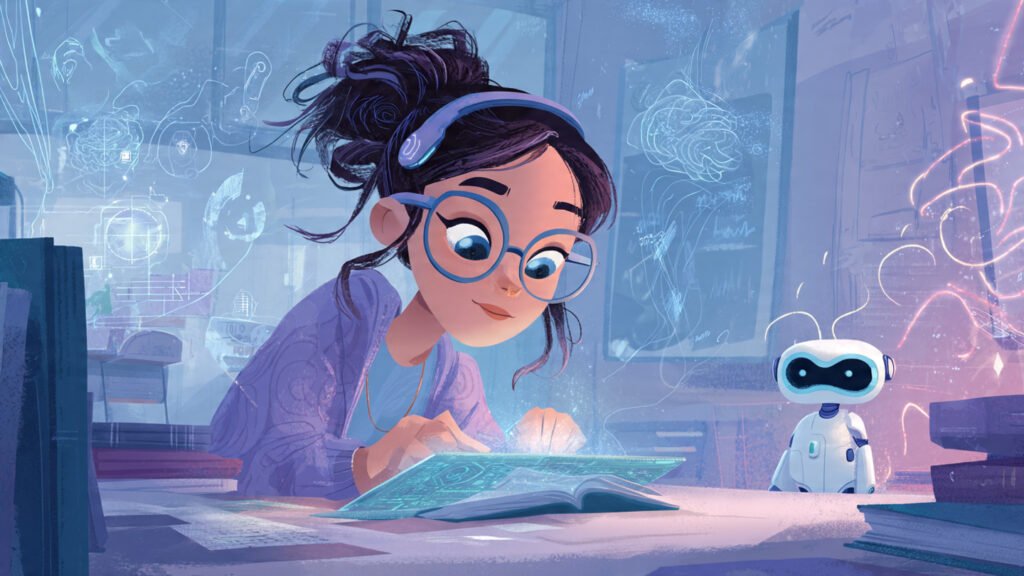 a futuristic classroom scene showing a student