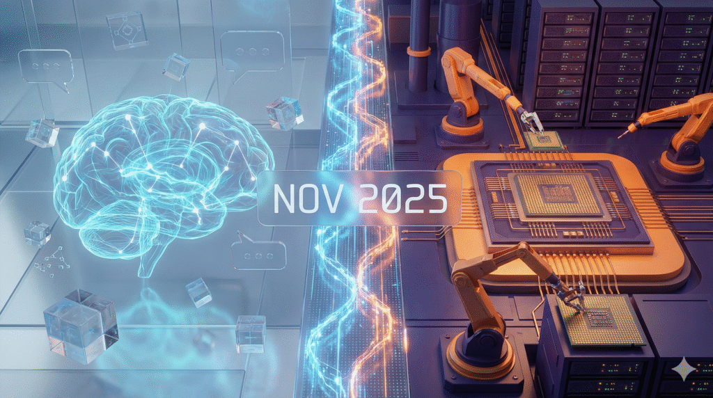 Google Gemini 3 logo alongside OpenAI logo with November 2025 calendar background.