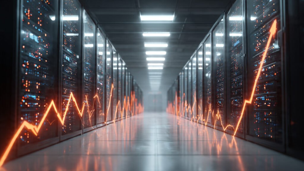 a futuristic data center glowing with server