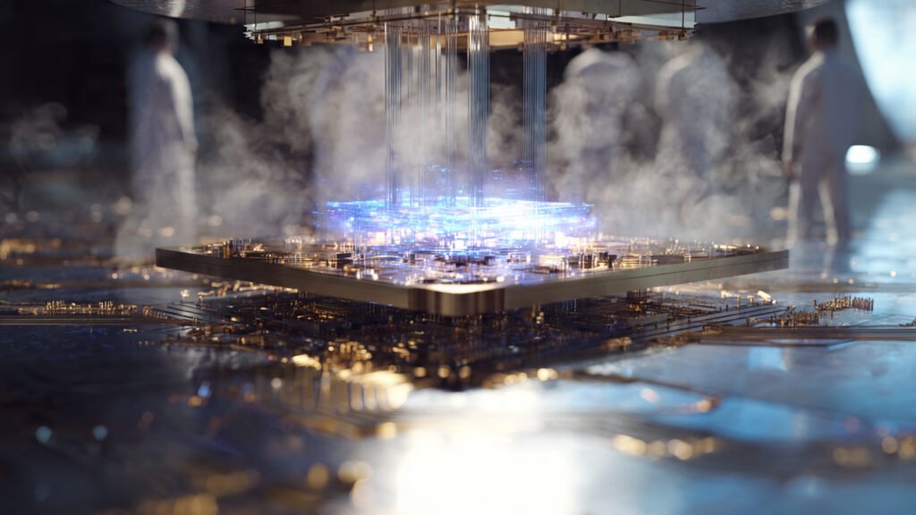 a futuristic superconducting quantum processor lab scene